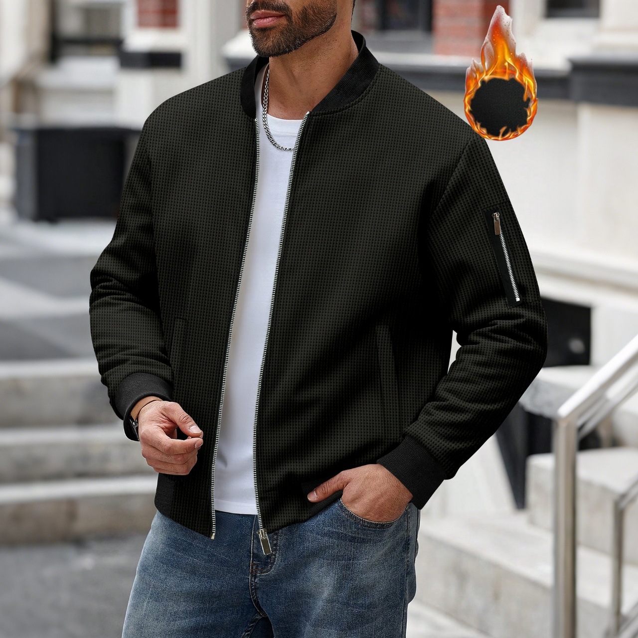 Men's Waffle Textured Thermal  - огляд і ціна Mens Fashion Bomber Jacket