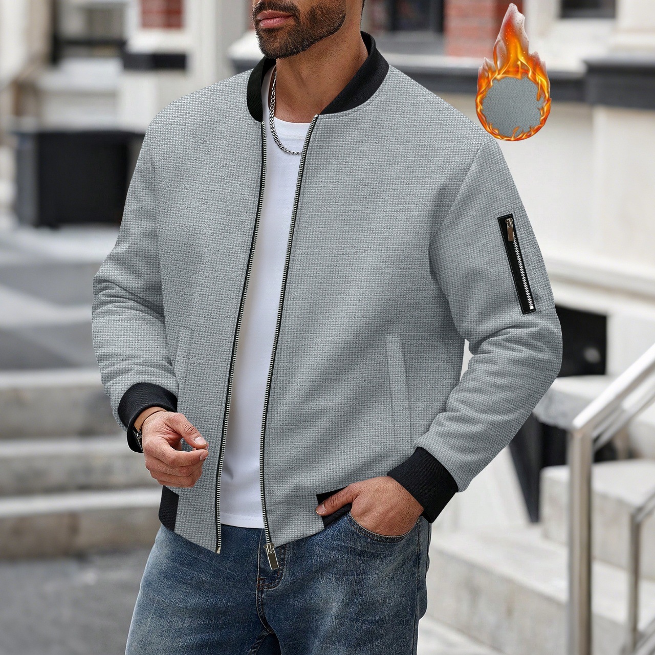 Men's Waffle Textured Thermal  - огляд і ціна Mens Fashion Bomber Jacket
